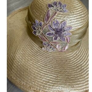 Lily & Taylor Straw Sun Hat Wide Brim Purple Floral Gold Sash Church Derby Women